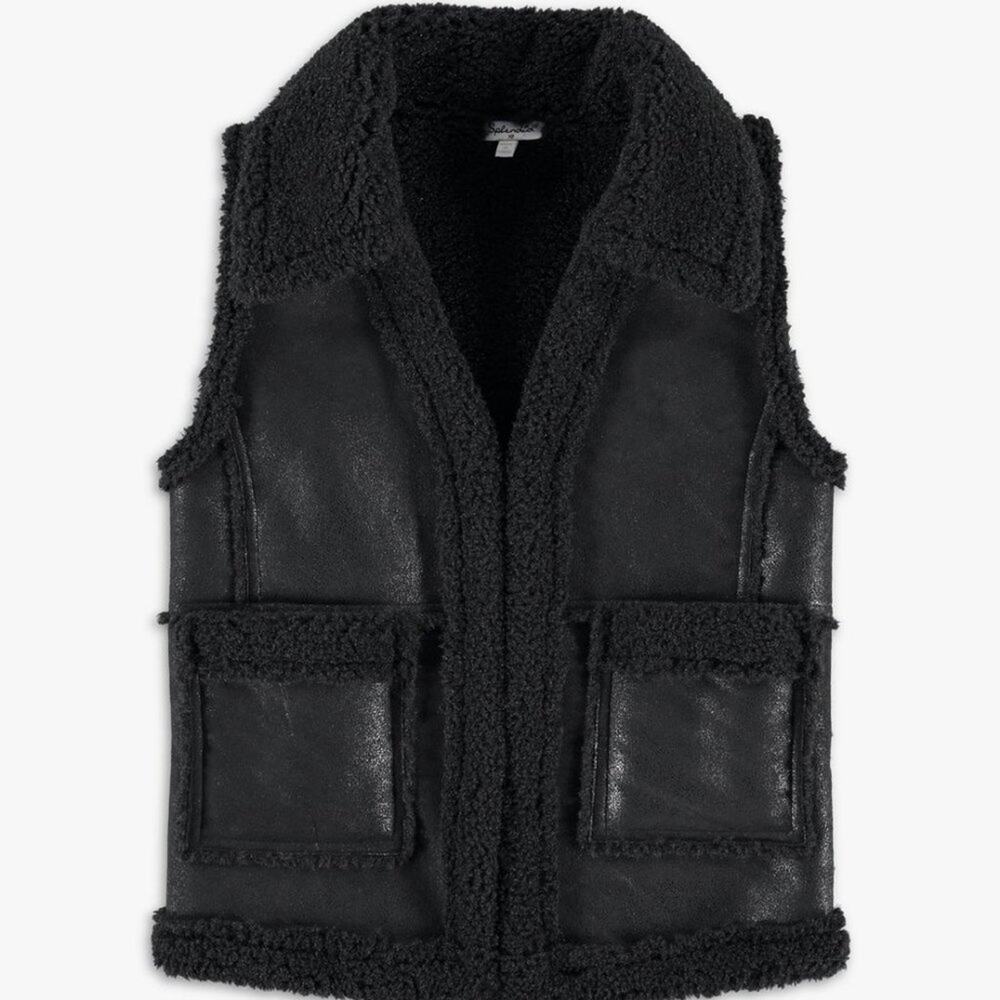 Splendid Girl Faux Leather Vest Draped Collar Front Patch Pockets Black Size 14